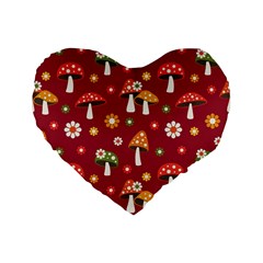 Woodland Mushroom And Daisy Seamless Pattern On Red Backgrounds Standard 16  Premium Flano Heart Shape Cushions by Amaryn4rt