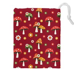 Woodland Mushroom And Daisy Seamless Pattern On Red Backgrounds Drawstring Pouch (4xl) by Amaryn4rt