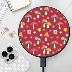 Woodland Mushroom And Daisy Seamless Pattern On Red Backgrounds Wireless Fast Charger(black) by Amaryn4rt