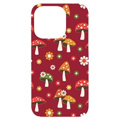 Woodland Mushroom And Daisy Seamless Pattern On Red Backgrounds Iphone 14 Pro Black Uv Print Case