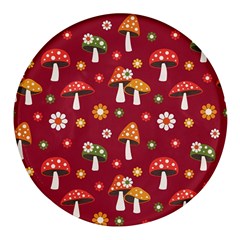 Woodland Mushroom And Daisy Seamless Pattern On Red Backgrounds Round Glass Fridge Magnet (4 Pack)