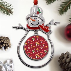 Woodland Mushroom And Daisy Seamless Pattern On Red Backgrounds Metal Snowman Ornament