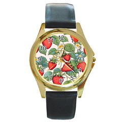 Strawberry Fruit Round Gold Metal Watch by Amaryn4rt