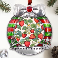 Strawberry Fruit Metal X mas Ribbon With Red Crystal Round Ornament by Amaryn4rt