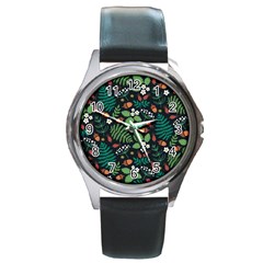 Pattern Forest Leaf Fruits Flowers Motif Round Metal Watch by Amaryn4rt