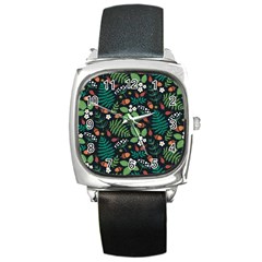 Pattern Forest Leaf Fruits Flowers Motif Square Metal Watch by Amaryn4rt