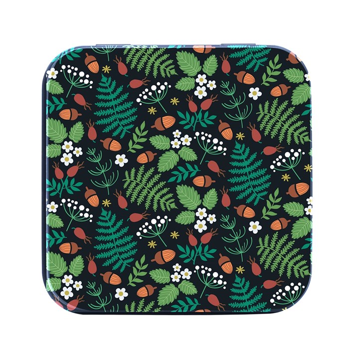 Pattern Forest Leaf Fruits Flowers Motif Square Metal Box (Black)