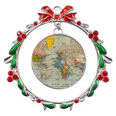 Vintage World Map Metal X mas Wreath Ribbon Ornament by pakminggu