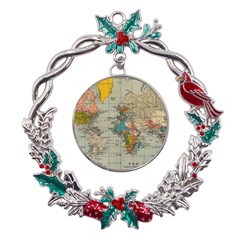 Vintage World Map Metal X mas Wreath Holly Leaf Ornament by pakminggu