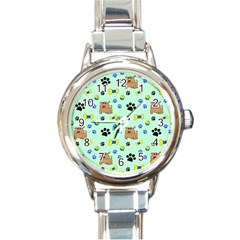 Dog Pattern Seamless Blue Background Scrapbooking Round Italian Charm Watch by pakminggu