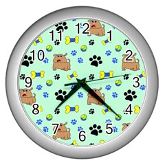 Dog Pattern Seamless Blue Background Scrapbooking Wall Clock (silver) by pakminggu