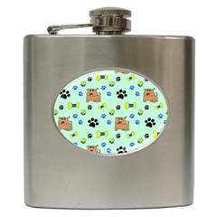 Dog Pattern Seamless Blue Background Scrapbooking Hip Flask (6 Oz) by pakminggu