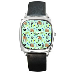 Dog Pattern Seamless Blue Background Scrapbooking Square Metal Watch by pakminggu