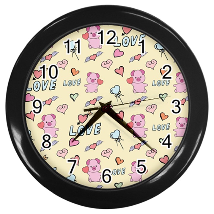 Pig Animal Love Romance Seamless Texture Pattern Wall Clock (Black)