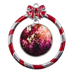 Pink Flower Metal Red Ribbon Round Ornament by artworkshop