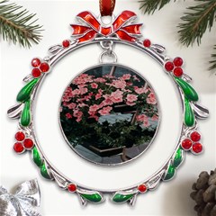 Pink Peony  Flower Metal X mas Wreath Ribbon Ornament by artworkshop