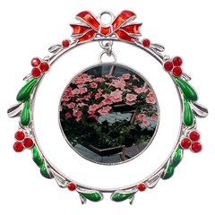 Pink Peony  Flower Metal X mas Wreath Ribbon Ornament