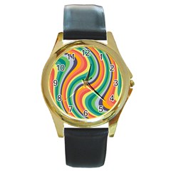 Swirl Twirl Rainbow Retro Round Gold Metal Watch by Ravend