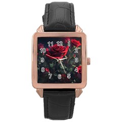 Rose Flower Plant Red Rose Gold Leather Watch  by Ravend