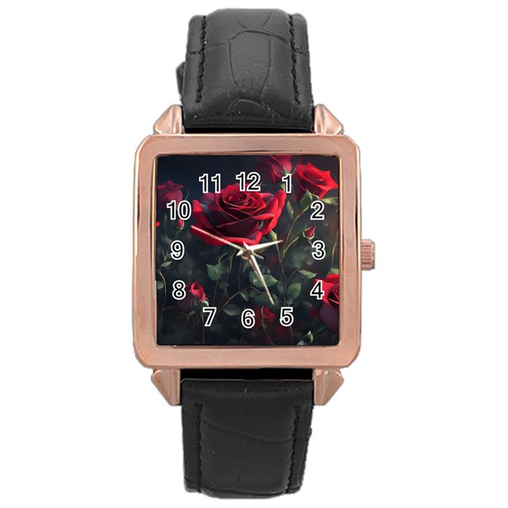 Rose Flower Plant Red Rose Gold Leather Watch 