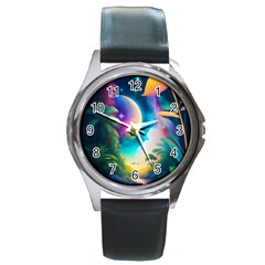 Jungle Moon Light Plants Space Round Metal Watch by Ravend