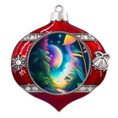 Jungle Moon Light Plants Space Metal Snowflake And Bell Red Ornament by Ravend