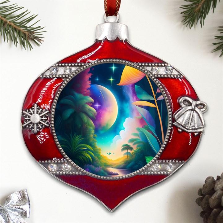 Jungle Moon Light Plants Space Metal Snowflake And Bell Red Ornament