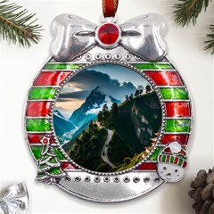 Nature Mountain Valley Metal X mas Ribbon With Red Crystal Round Ornament by Ravend