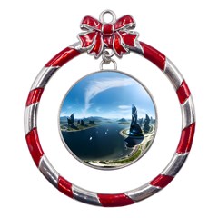 Futuristic City Fantasy Scifi Metal Red Ribbon Round Ornament by Ravend