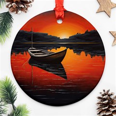 Boat Sunset Lake Water Nature Ornament (round) by Ravend