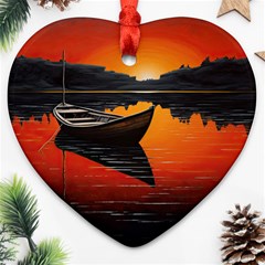 Boat Sunset Lake Water Nature Ornament (heart) by Ravend