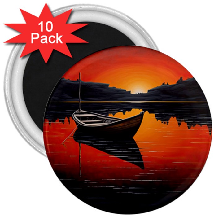 Boat Sunset Lake Water Nature 3  Magnets (10 pack) 