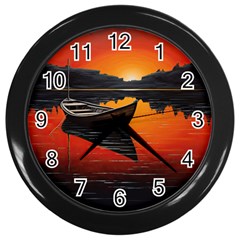 Boat Sunset Lake Water Nature Wall Clock (black) by Ravend