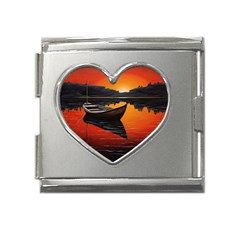 Boat Sunset Lake Water Nature Mega Link Heart Italian Charm (18mm) by Ravend