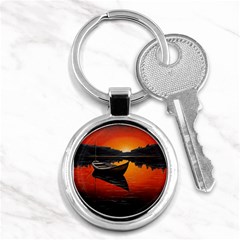 Boat Sunset Lake Water Nature Key Chain (round) by Ravend