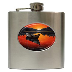 Boat Sunset Lake Water Nature Hip Flask (6 Oz) by Ravend