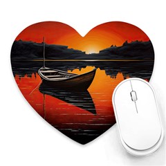 Boat Sunset Lake Water Nature Heart Mousepad by Ravend