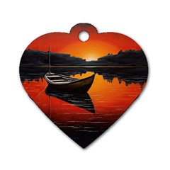 Boat Sunset Lake Water Nature Dog Tag Heart (two Sides) by Ravend