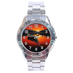 Boat Sunset Lake Water Nature Stainless Steel Analogue Watch by Ravend