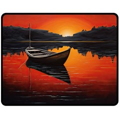 Boat Sunset Lake Water Nature Two Sides Fleece Blanket (medium) by Ravend