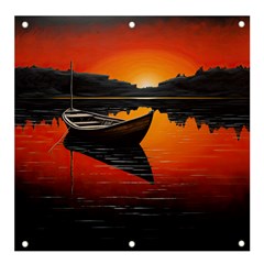 Boat Sunset Lake Water Nature Banner And Sign 4  X 4  by Ravend