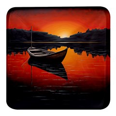 Boat Sunset Lake Water Nature Square Glass Fridge Magnet (4 Pack) by Ravend