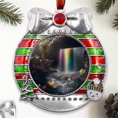 Waterfall Rainbow Metal X mas Ribbon With Red Crystal Round Ornament by Ravend