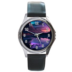 Lake Mountain Night Sea Flower Nature Round Metal Watch by Ravend