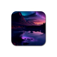 Lake Mountain Night Sea Flower Nature Rubber Coaster (square) by Ravend