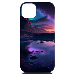 Lake Mountain Night Sea Flower Nature Iphone 14 Plus Black Uv Print Case by Ravend