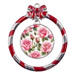 Flower Rose Pink Metal Red Ribbon Round Ornament Front