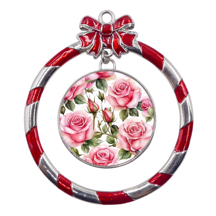 Flower Rose Pink Metal Red Ribbon Round Ornament