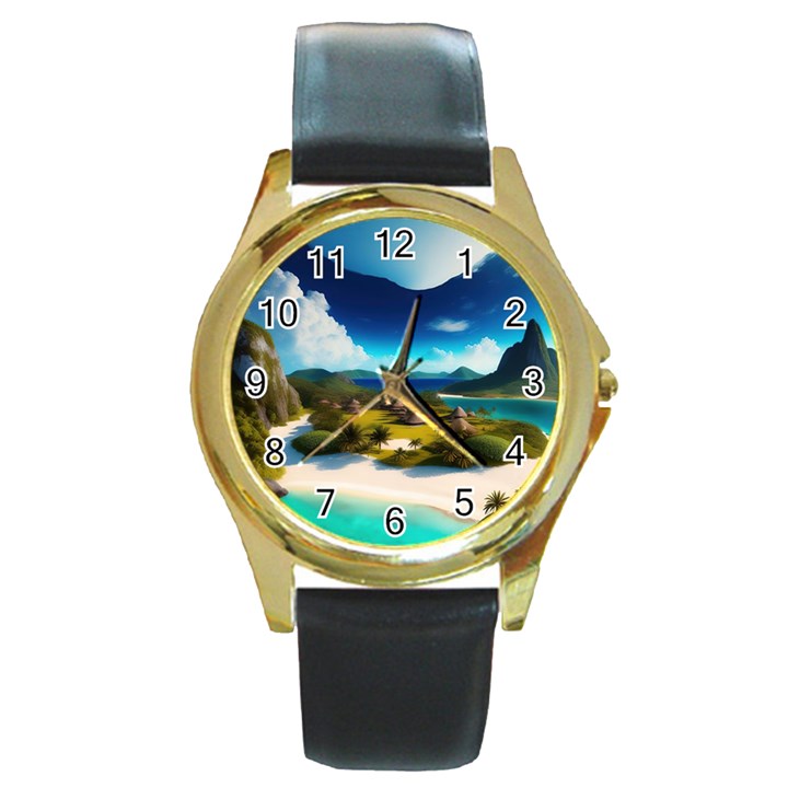 Beach Island Nature Round Gold Metal Watch