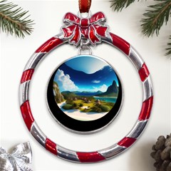 Beach Island Nature Metal Red Ribbon Round Ornament by Ravend